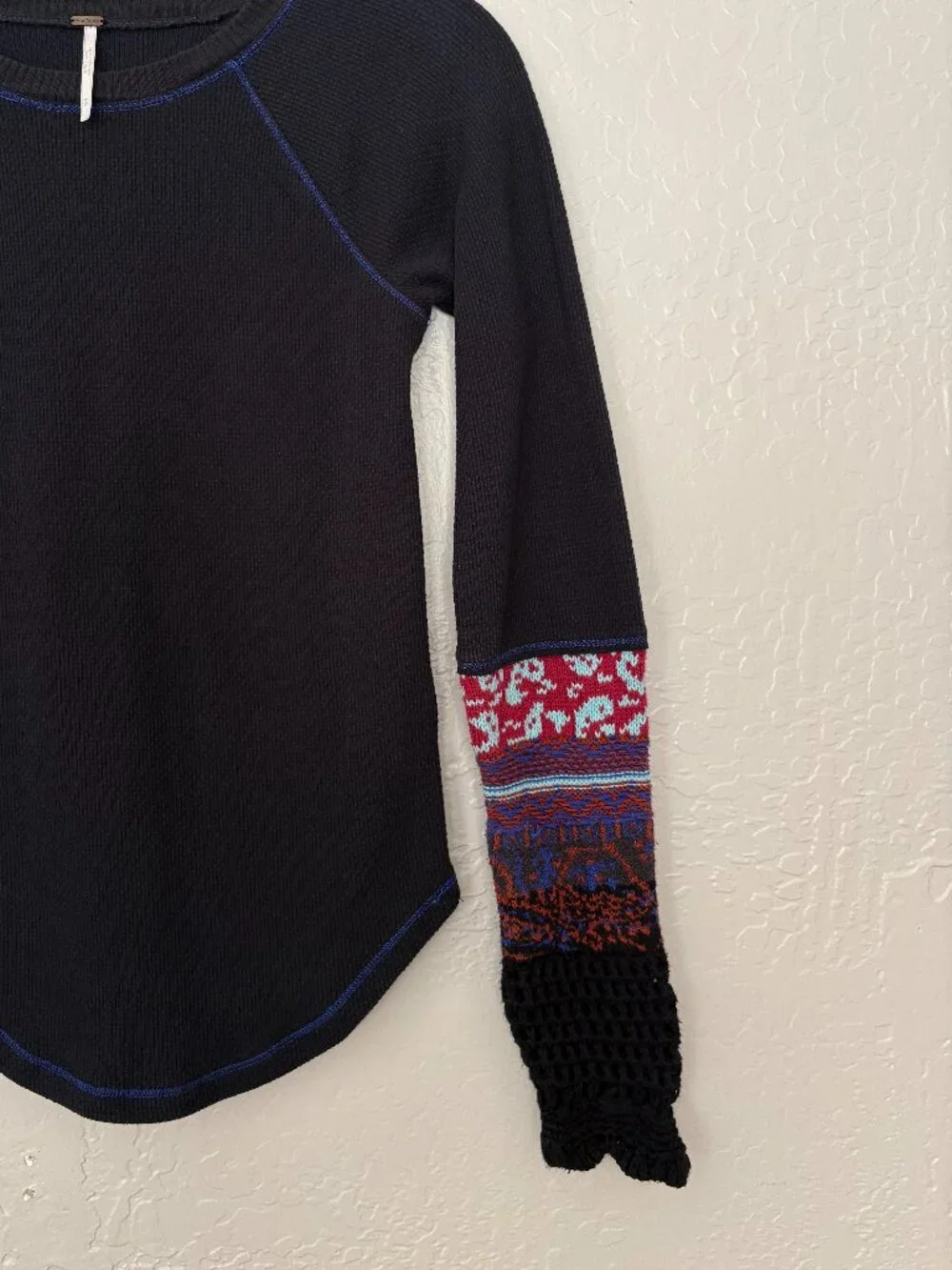 Free People In The Mix Cuff Long Sleeve Thermal Top Dark Blue Color Size Small